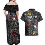 Personalised Penrith Panthers Couples Matching Off Shoulder Maxi Dress and Hawaiian Shirt Polynesian Tribal Pattern With Rugby Panther Mascot Art