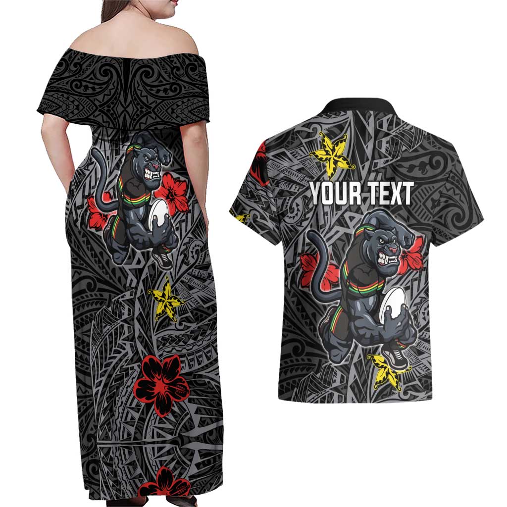 Personalised Penrith Panthers Couples Matching Off Shoulder Maxi Dress and Hawaiian Shirt Polynesian Tribal Pattern With Rugby Panther Mascot Art