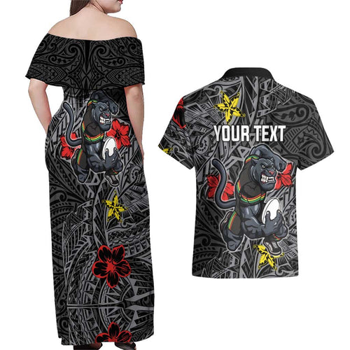 Personalised Penrith Panthers Couples Matching Off Shoulder Maxi Dress and Hawaiian Shirt Polynesian Tribal Pattern With Rugby Panther Mascot Art