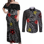 Personalised Penrith Panthers Couples Matching Off Shoulder Maxi Dress and Long Sleeve Button Shirt Polynesian Tribal Pattern With Rugby Panther Mascot Art