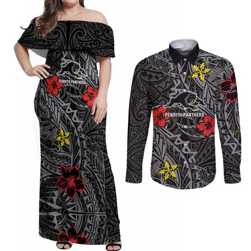 Personalised Penrith Panthers Couples Matching Off Shoulder Maxi Dress and Long Sleeve Button Shirt Polynesian Tribal Pattern With Rugby Panther Mascot Art