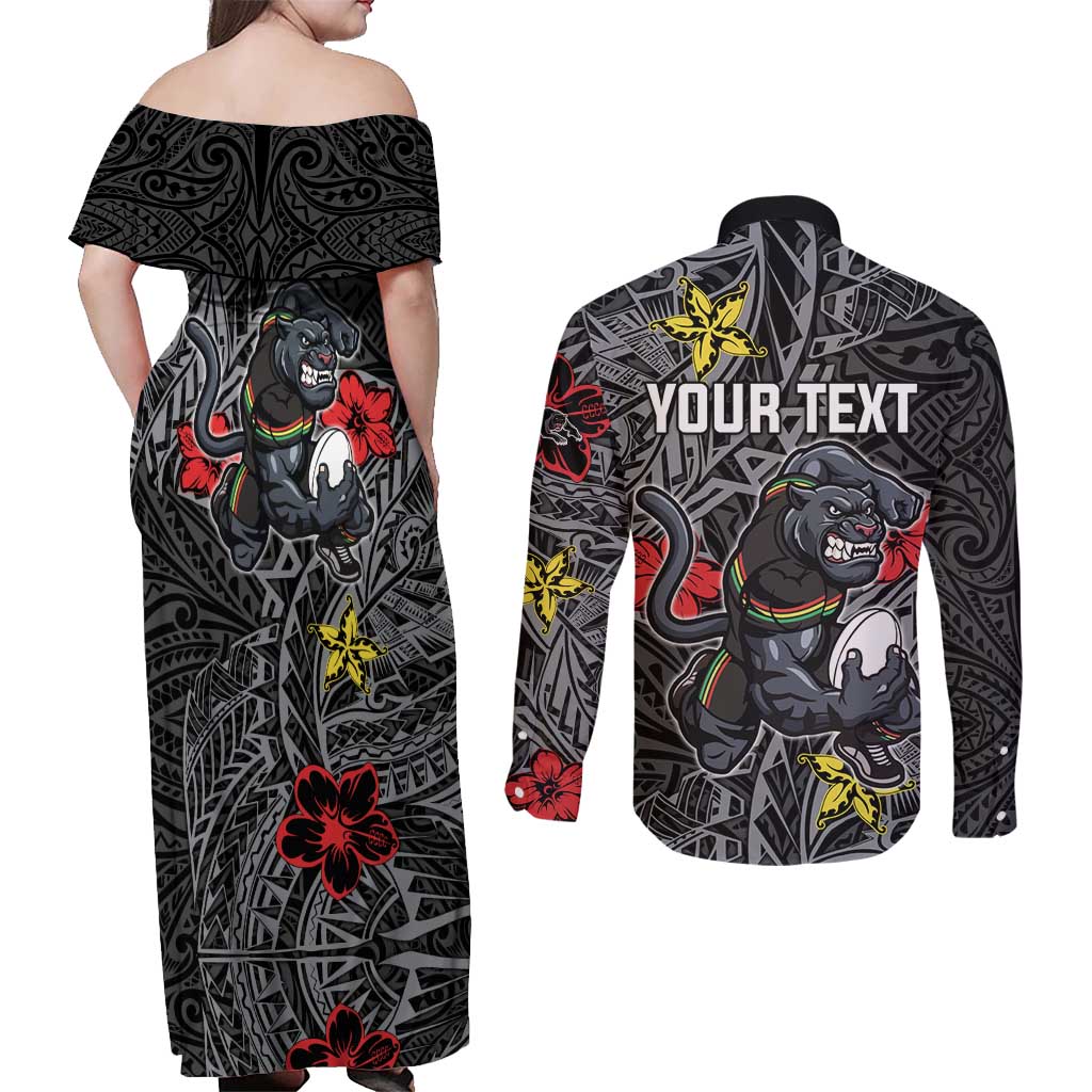 Personalised Penrith Panthers Couples Matching Off Shoulder Maxi Dress and Long Sleeve Button Shirt Polynesian Tribal Pattern With Rugby Panther Mascot Art