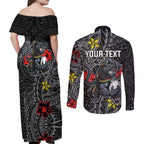 Personalised Penrith Panthers Couples Matching Off Shoulder Maxi Dress and Long Sleeve Button Shirt Polynesian Tribal Pattern With Rugby Panther Mascot Art