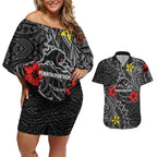 Personalised Penrith Panthers Couples Matching Off Shoulder Short Dress and Hawaiian Shirt Polynesian Tribal Pattern With Rugby Panther Mascot Art
