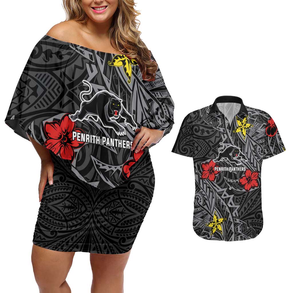 Personalised Penrith Panthers Couples Matching Off Shoulder Short Dress and Hawaiian Shirt Polynesian Tribal Pattern With Rugby Panther Mascot Art