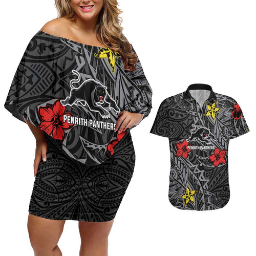 Personalised Penrith Panthers Couples Matching Off Shoulder Short Dress and Hawaiian Shirt Polynesian Tribal Pattern With Rugby Panther Mascot Art