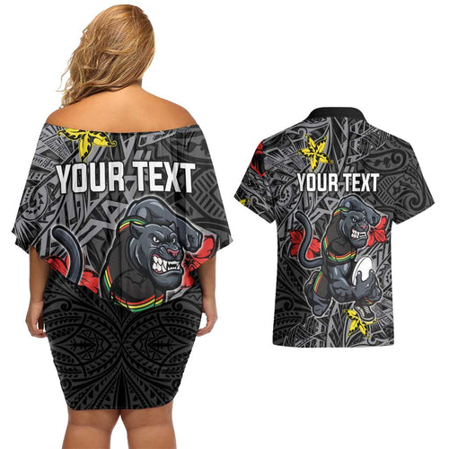 Personalised Penrith Panthers Couples Matching Off Shoulder Short Dress and Hawaiian Shirt Polynesian Tribal Pattern With Rugby Panther Mascot Art