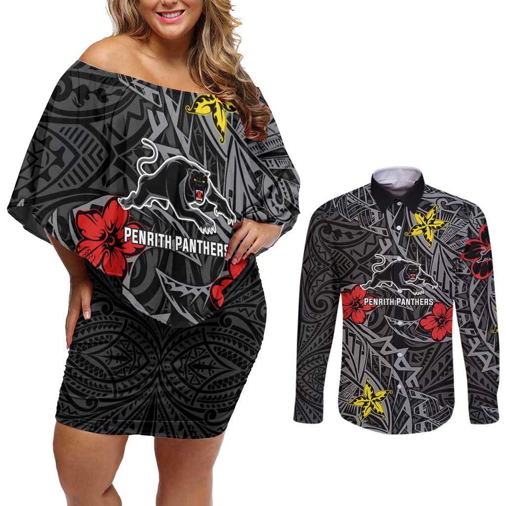 Personalised Penrith Panthers Couples Matching Off Shoulder Short Dress and Long Sleeve Button Shirt Polynesian Tribal Pattern With Rugby Panther Mascot Art