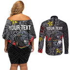 Personalised Penrith Panthers Couples Matching Off Shoulder Short Dress and Long Sleeve Button Shirt Polynesian Tribal Pattern With Rugby Panther Mascot Art