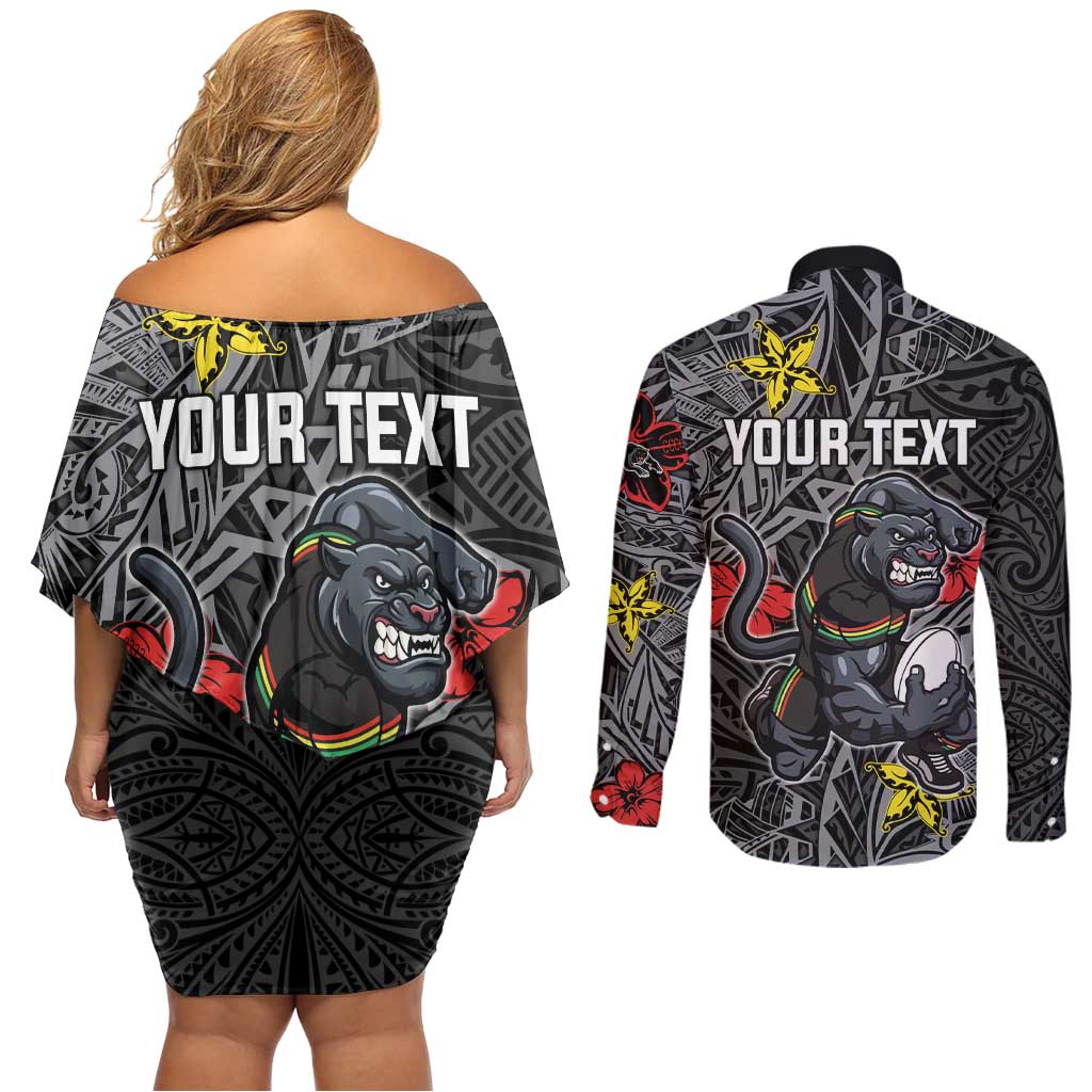 Personalised Penrith Panthers Couples Matching Off Shoulder Short Dress and Long Sleeve Button Shirt Polynesian Tribal Pattern With Rugby Panther Mascot Art