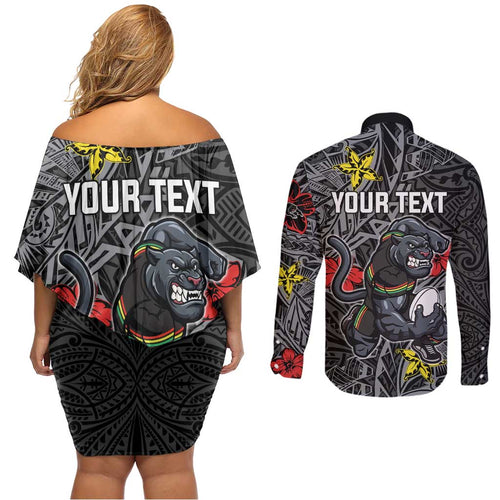 Personalised Penrith Panthers Couples Matching Off Shoulder Short Dress and Long Sleeve Button Shirt Polynesian Tribal Pattern With Rugby Panther Mascot Art