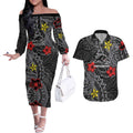 Personalised Penrith Panthers Couples Matching Off The Shoulder Long Sleeve Dress and Hawaiian Shirt Polynesian Tribal Pattern With Rugby Panther Mascot Art