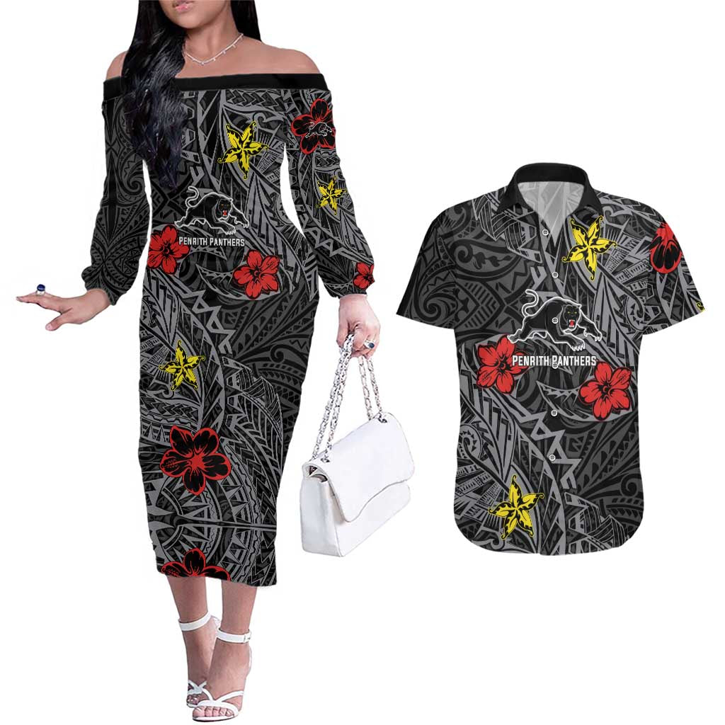 Personalised Penrith Panthers Couples Matching Off The Shoulder Long Sleeve Dress and Hawaiian Shirt Polynesian Tribal Pattern With Rugby Panther Mascot Art