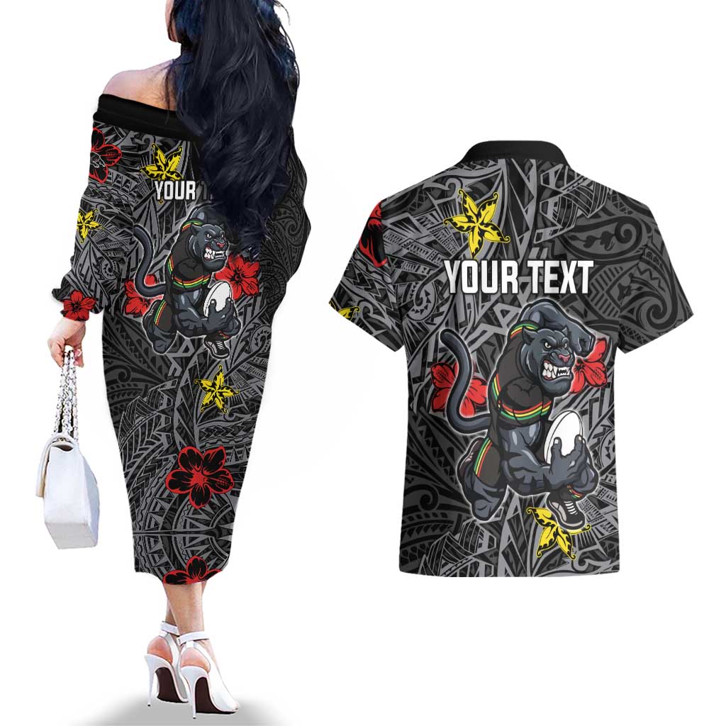 Personalised Penrith Panthers Couples Matching Off The Shoulder Long Sleeve Dress and Hawaiian Shirt Polynesian Tribal Pattern With Rugby Panther Mascot Art