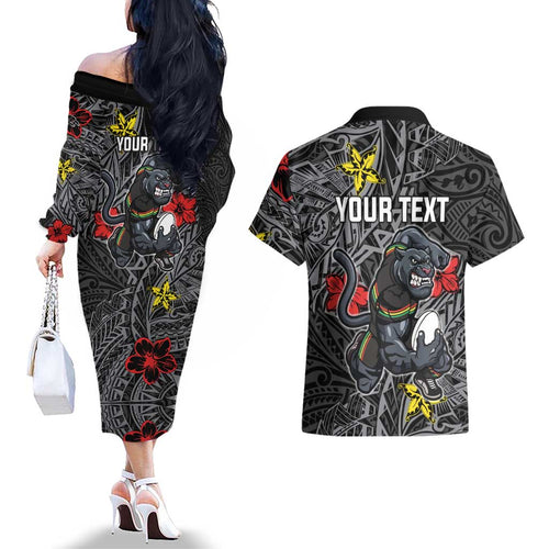 Personalised Penrith Panthers Couples Matching Off The Shoulder Long Sleeve Dress and Hawaiian Shirt Polynesian Tribal Pattern With Rugby Panther Mascot Art