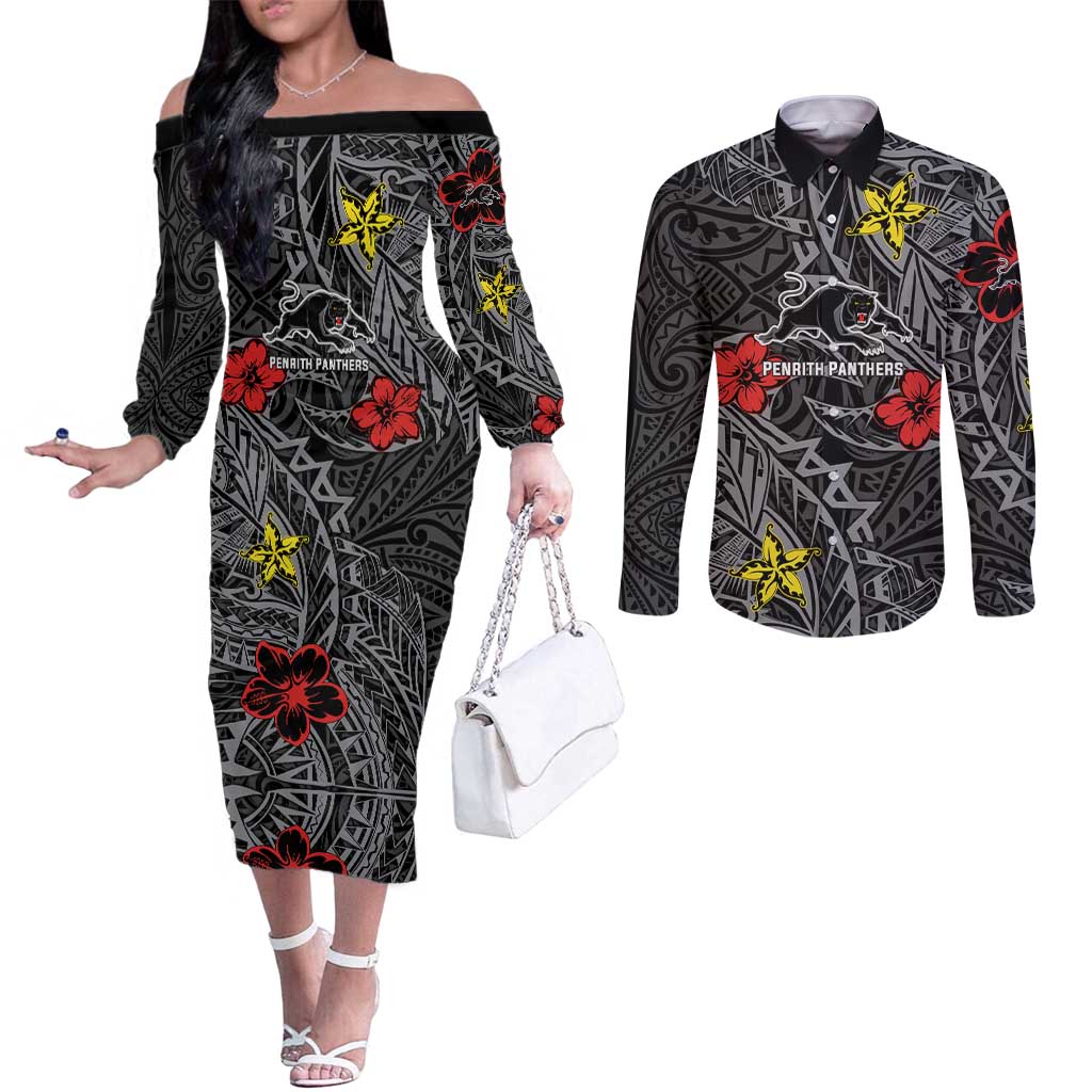 Personalised Penrith Panthers Couples Matching Off The Shoulder Long Sleeve Dress and Long Sleeve Button Shirt Polynesian Tribal Pattern With Rugby Panther Mascot Art