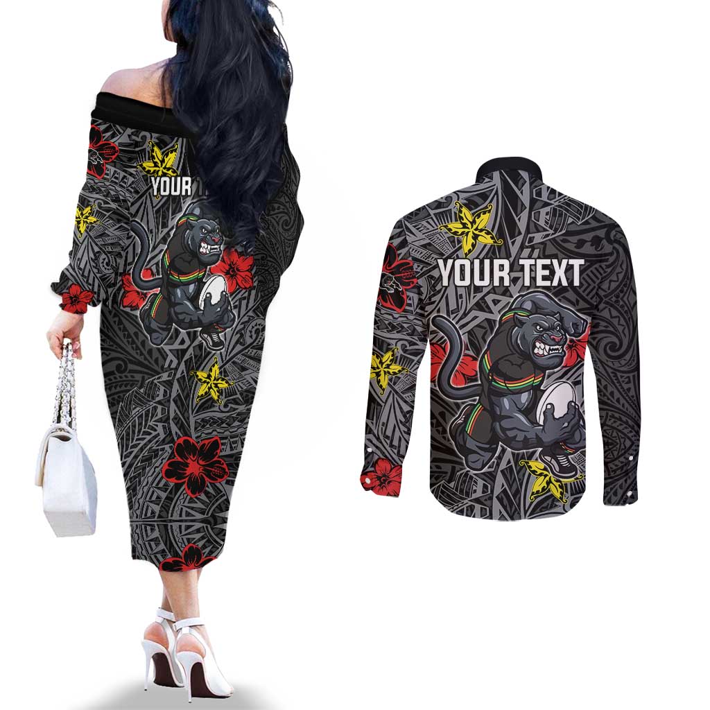 Personalised Penrith Panthers Couples Matching Off The Shoulder Long Sleeve Dress and Long Sleeve Button Shirt Polynesian Tribal Pattern With Rugby Panther Mascot Art
