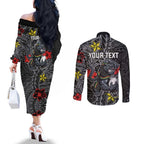 Personalised Penrith Panthers Couples Matching Off The Shoulder Long Sleeve Dress and Long Sleeve Button Shirt Polynesian Tribal Pattern With Rugby Panther Mascot Art