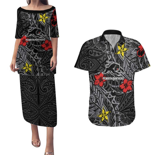 Personalised Penrith Panthers Couples Matching Puletasi and Hawaiian Shirt Polynesian Tribal Pattern With Rugby Panther Mascot Art