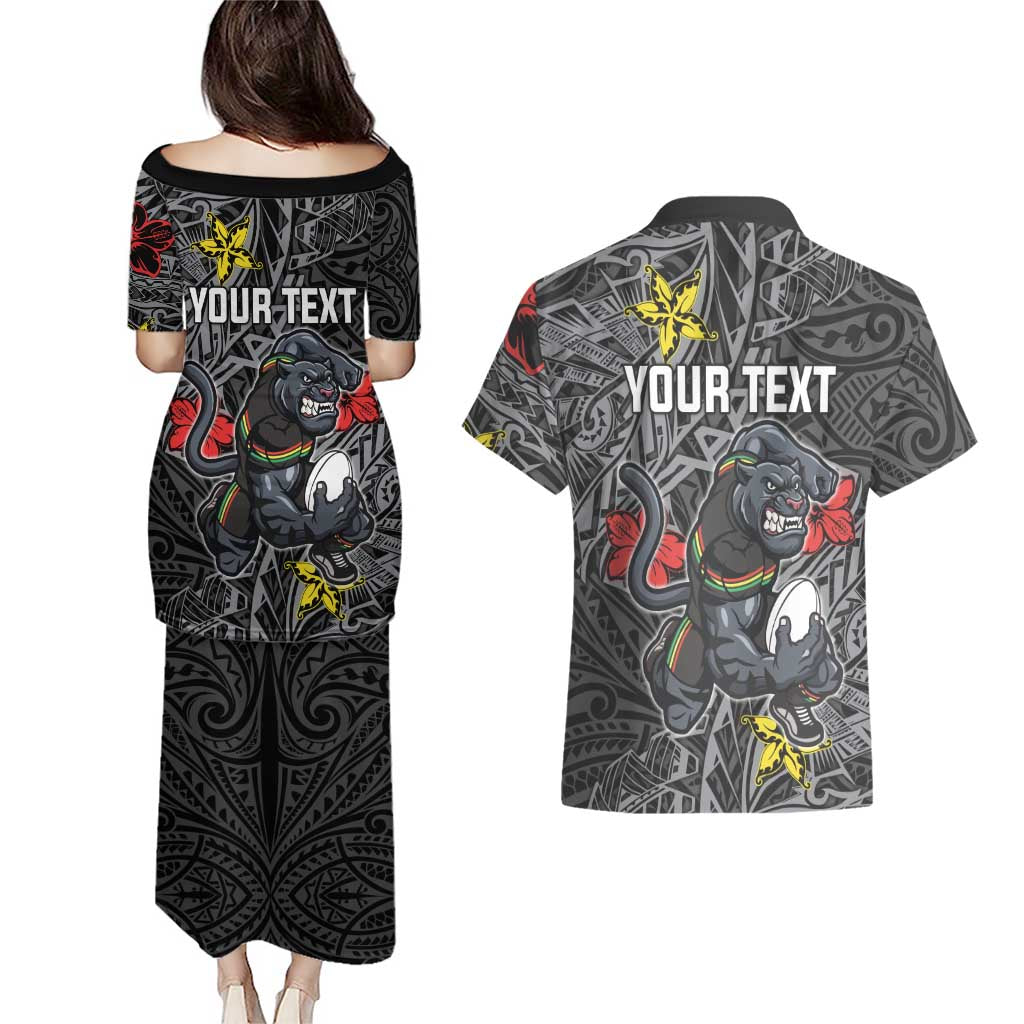 Personalised Penrith Panthers Couples Matching Puletasi and Hawaiian Shirt Polynesian Tribal Pattern With Rugby Panther Mascot Art