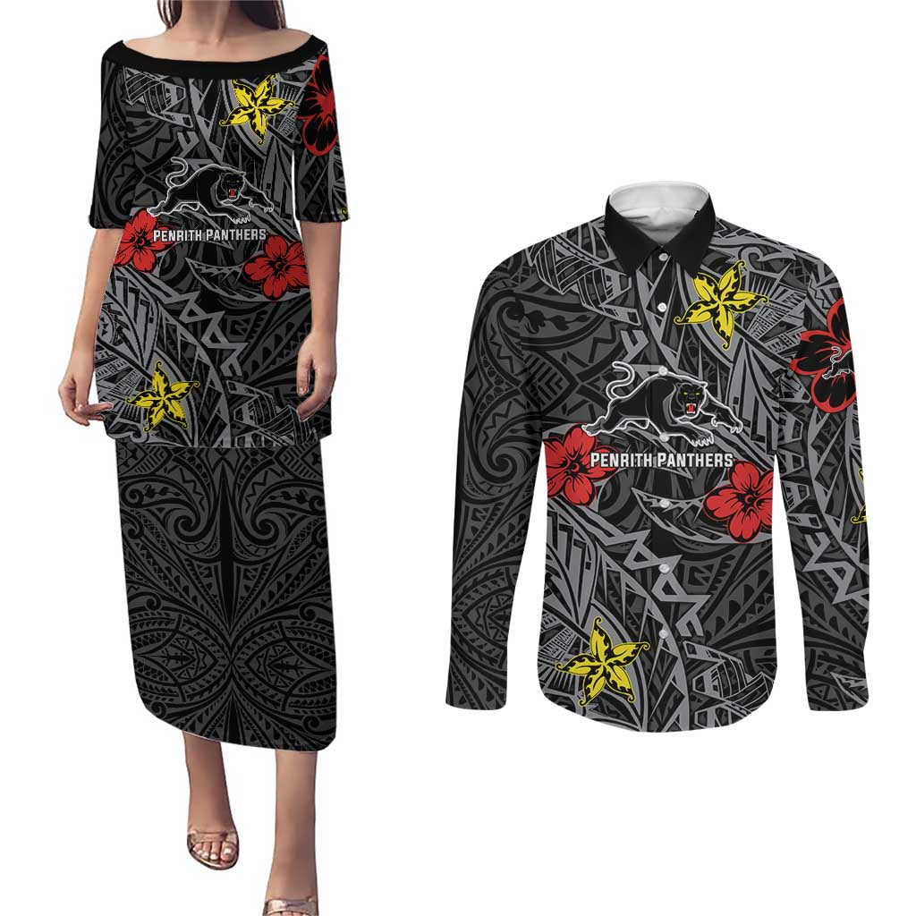 Personalised Penrith Panthers Couples Matching Puletasi and Long Sleeve Button Shirt Polynesian Tribal Pattern With Rugby Panther Mascot Art