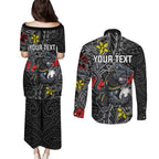 Personalised Penrith Panthers Couples Matching Puletasi and Long Sleeve Button Shirt Polynesian Tribal Pattern With Rugby Panther Mascot Art