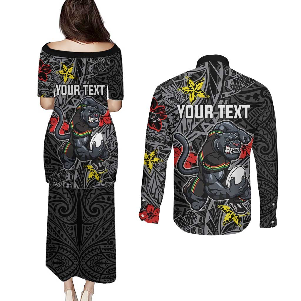 Personalised Penrith Panthers Couples Matching Puletasi and Long Sleeve Button Shirt Polynesian Tribal Pattern With Rugby Panther Mascot Art