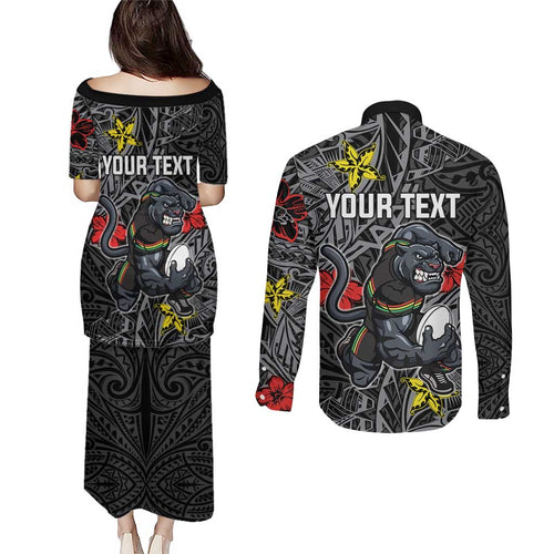Personalised Penrith Panthers Couples Matching Puletasi and Long Sleeve Button Shirt Polynesian Tribal Pattern With Rugby Panther Mascot Art