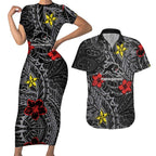 Personalised Penrith Panthers Couples Matching Short Sleeve Bodycon Dress and Hawaiian Shirt Polynesian Tribal Pattern With Rugby Panther Mascot Art