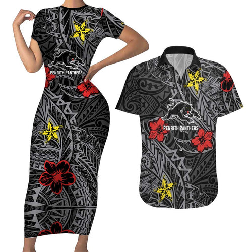 Personalised Penrith Panthers Couples Matching Short Sleeve Bodycon Dress and Hawaiian Shirt Polynesian Tribal Pattern With Rugby Panther Mascot Art