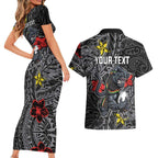 Personalised Penrith Panthers Couples Matching Short Sleeve Bodycon Dress and Hawaiian Shirt Polynesian Tribal Pattern With Rugby Panther Mascot Art