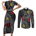 Personalised Penrith Panthers Couples Matching Short Sleeve Bodycon Dress and Long Sleeve Button Shirt Polynesian Tribal Pattern With Rugby Panther Mascot Art