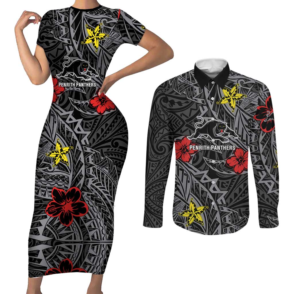 Personalised Penrith Panthers Couples Matching Short Sleeve Bodycon Dress and Long Sleeve Button Shirt Polynesian Tribal Pattern With Rugby Panther Mascot Art