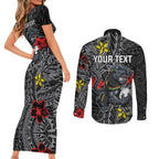 Personalised Penrith Panthers Couples Matching Short Sleeve Bodycon Dress and Long Sleeve Button Shirt Polynesian Tribal Pattern With Rugby Panther Mascot Art