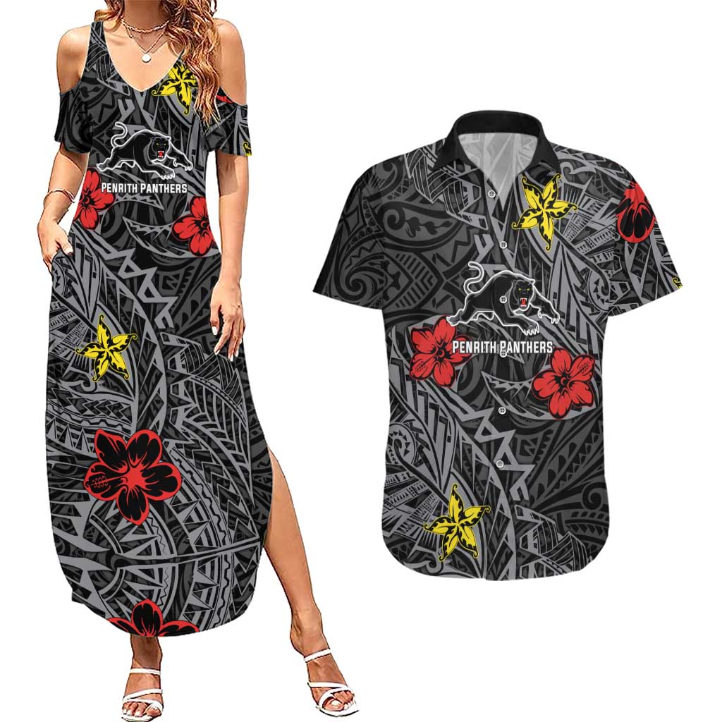 Personalised Penrith Panthers Couples Matching Summer Maxi Dress and Hawaiian Shirt Polynesian Tribal Pattern With Rugby Panther Mascot Art