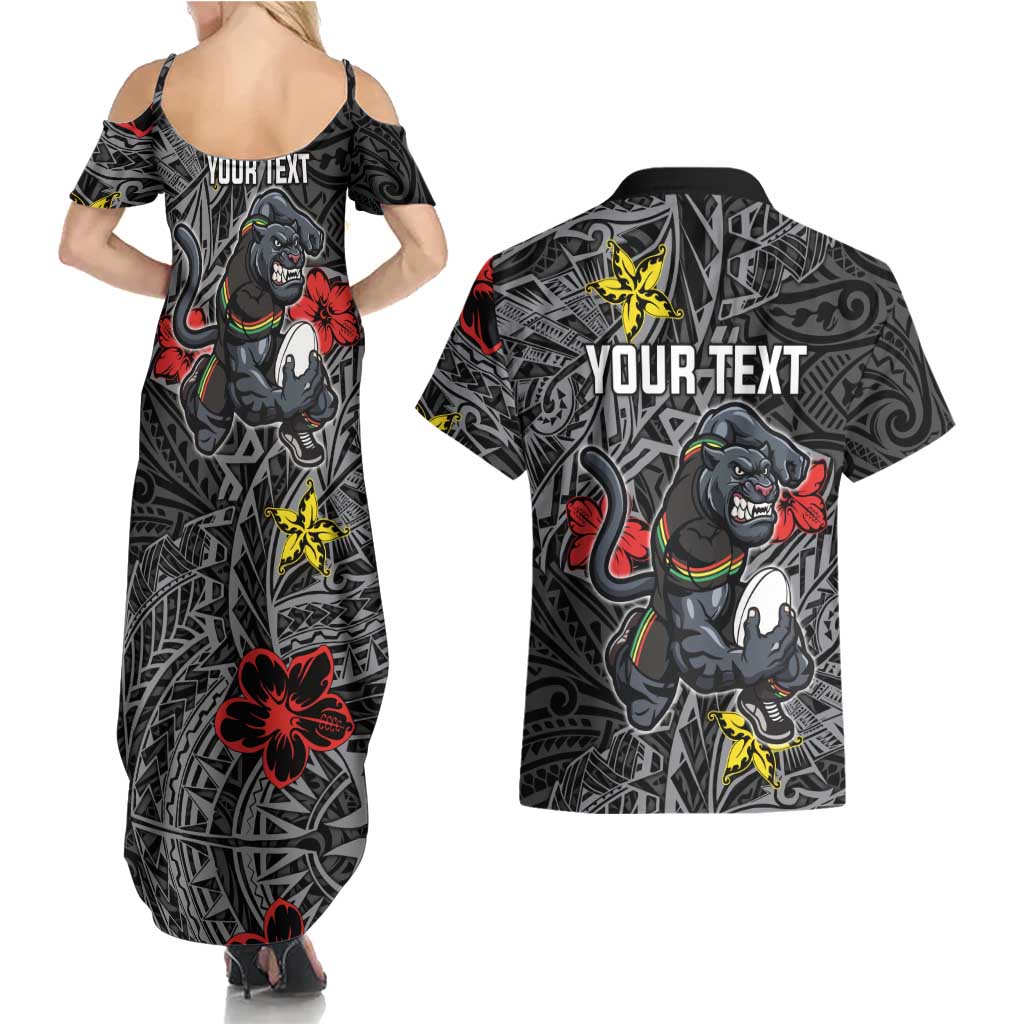 Personalised Penrith Panthers Couples Matching Summer Maxi Dress and Hawaiian Shirt Polynesian Tribal Pattern With Rugby Panther Mascot Art