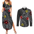 Personalised Penrith Panthers Couples Matching Summer Maxi Dress and Long Sleeve Button Shirt Polynesian Tribal Pattern With Rugby Panther Mascot Art