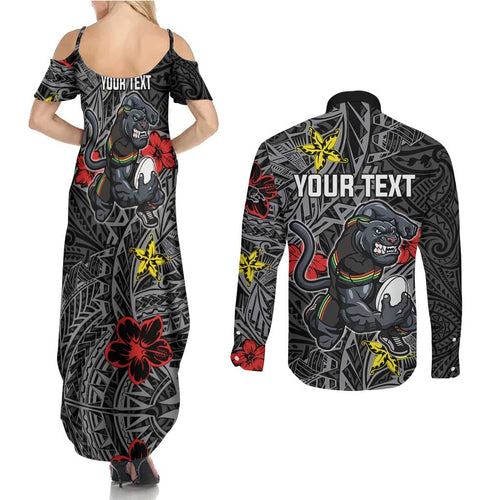 Personalised Penrith Panthers Couples Matching Summer Maxi Dress and Long Sleeve Button Shirt Polynesian Tribal Pattern With Rugby Panther Mascot Art