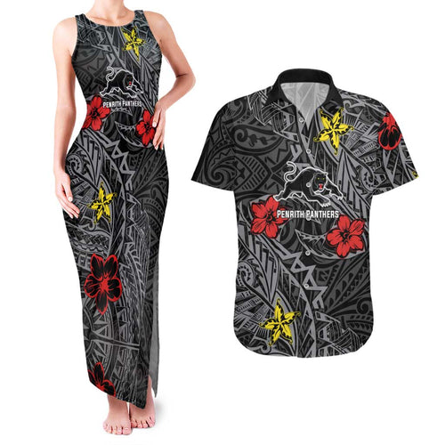 Personalised Penrith Panthers Couples Matching Tank Maxi Dress and Hawaiian Shirt Polynesian Tribal Pattern With Rugby Panther Mascot Art