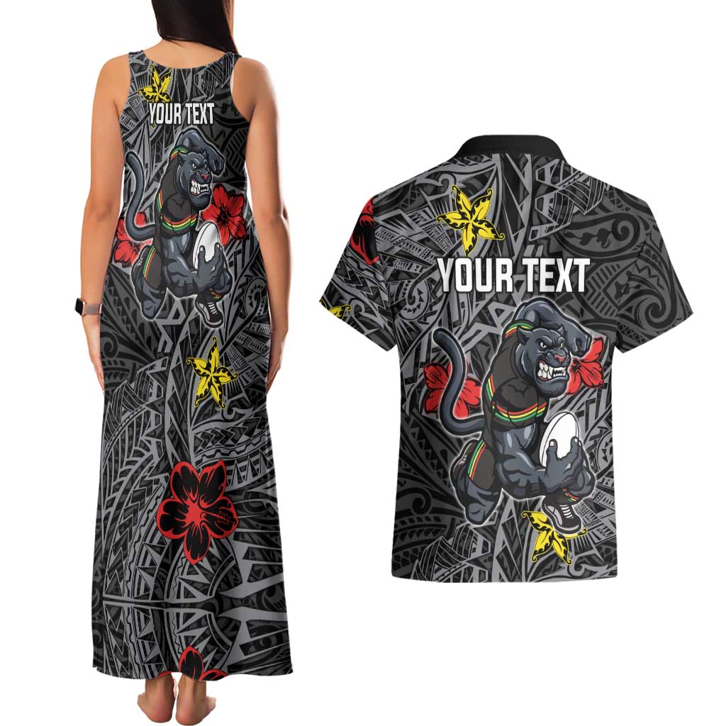 Personalised Penrith Panthers Couples Matching Tank Maxi Dress and Hawaiian Shirt Polynesian Tribal Pattern With Rugby Panther Mascot Art