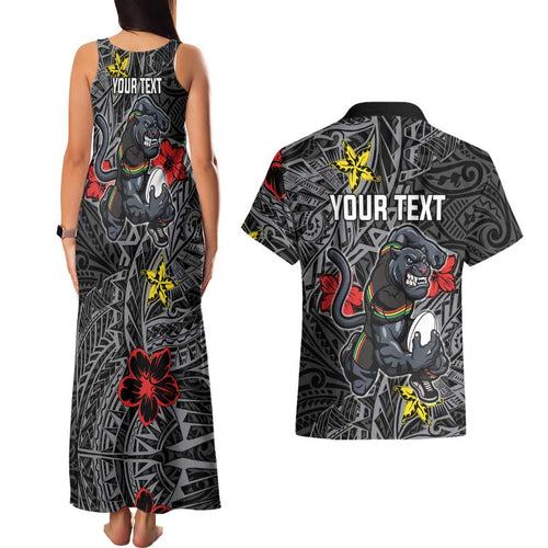 Personalised Penrith Panthers Couples Matching Tank Maxi Dress and Hawaiian Shirt Polynesian Tribal Pattern With Rugby Panther Mascot Art
