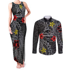 Personalised Penrith Panthers Couples Matching Tank Maxi Dress and Long Sleeve Button Shirt Polynesian Tribal Pattern With Rugby Panther Mascot Art