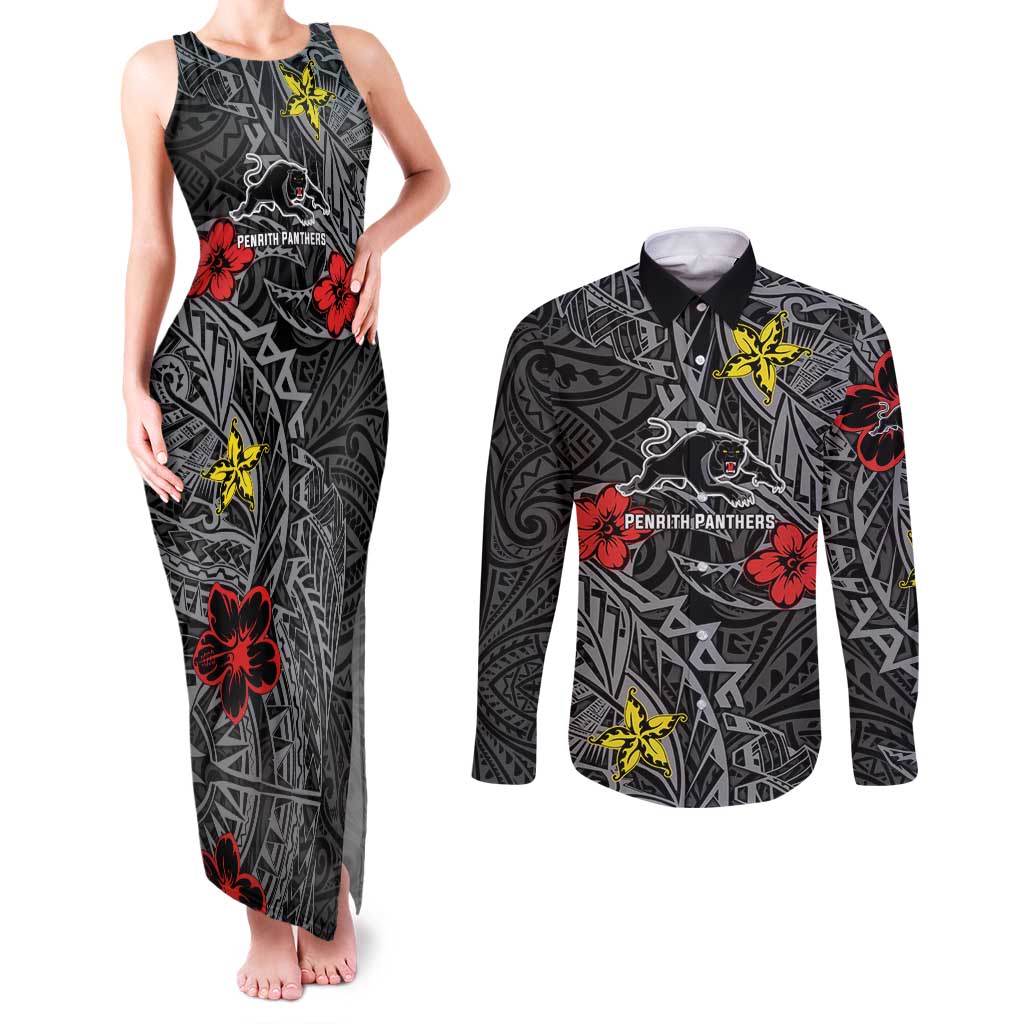 Personalised Penrith Panthers Couples Matching Tank Maxi Dress and Long Sleeve Button Shirt Polynesian Tribal Pattern With Rugby Panther Mascot Art