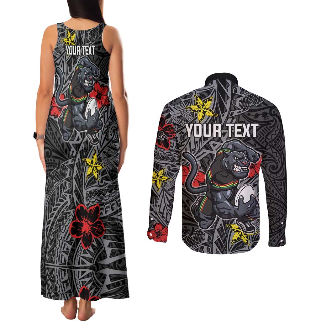 Personalised Penrith Panthers Couples Matching Tank Maxi Dress and Long Sleeve Button Shirt Polynesian Tribal Pattern With Rugby Panther Mascot Art