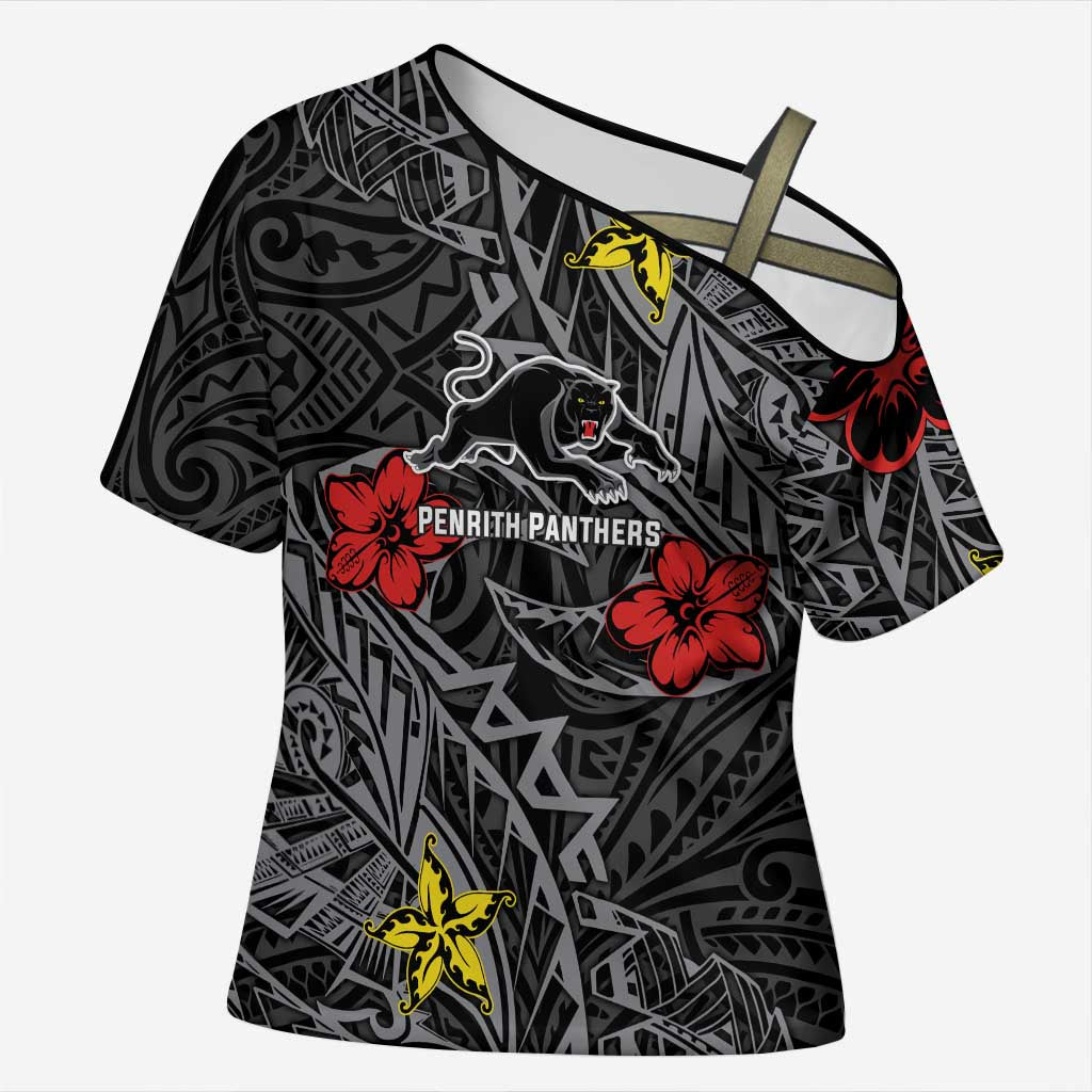 Personalised Penrith Panthers Cross Shoulder Shirt Polynesian Tribal Pattern With Rugby Panther Mascot Art