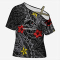 Personalised Penrith Panthers Cross Shoulder Shirt Polynesian Tribal Pattern With Rugby Panther Mascot Art