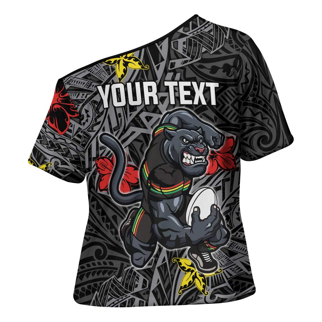 Personalised Penrith Panthers Cross Shoulder Shirt Polynesian Tribal Pattern With Rugby Panther Mascot Art