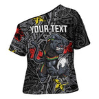 Personalised Penrith Panthers Cross Shoulder Shirt Polynesian Tribal Pattern With Rugby Panther Mascot Art