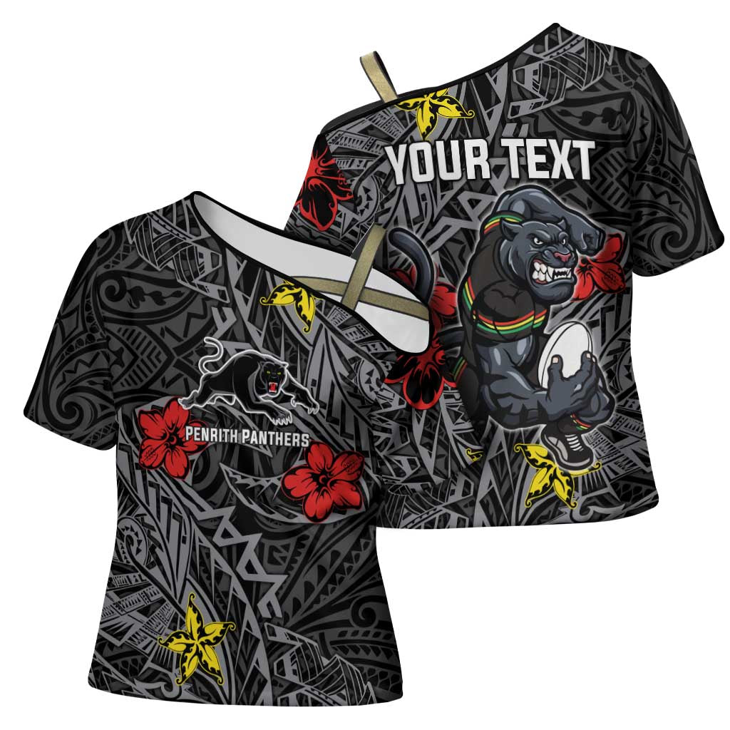 Personalised Penrith Panthers Cross Shoulder Shirt Polynesian Tribal Pattern With Rugby Panther Mascot Art