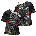 Personalised Penrith Panthers Cross Shoulder Shirt Polynesian Tribal Pattern With Rugby Panther Mascot Art